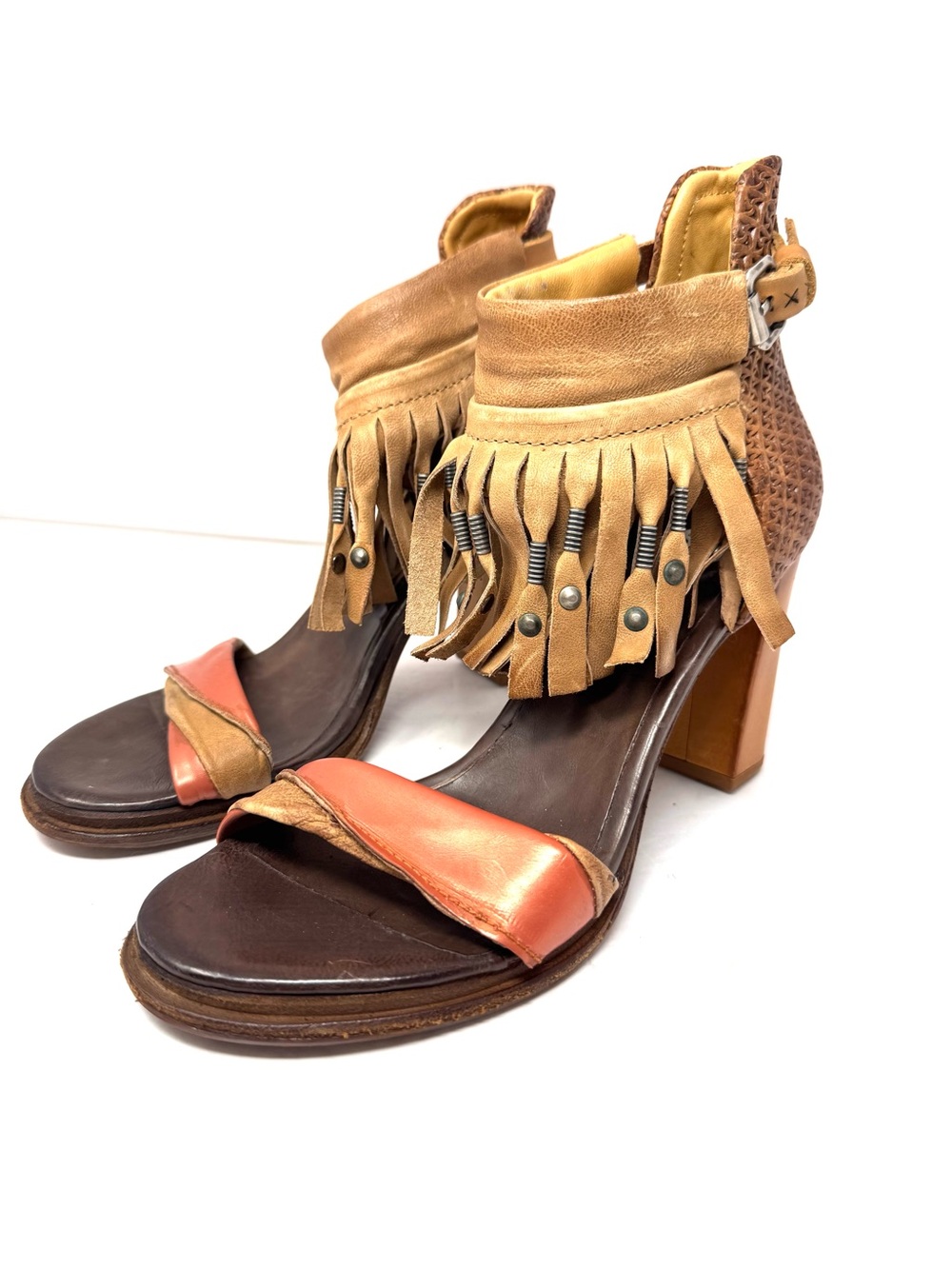 A.S. 98 boho leather fringe heeled sandals, size 9.5/40, NWOT